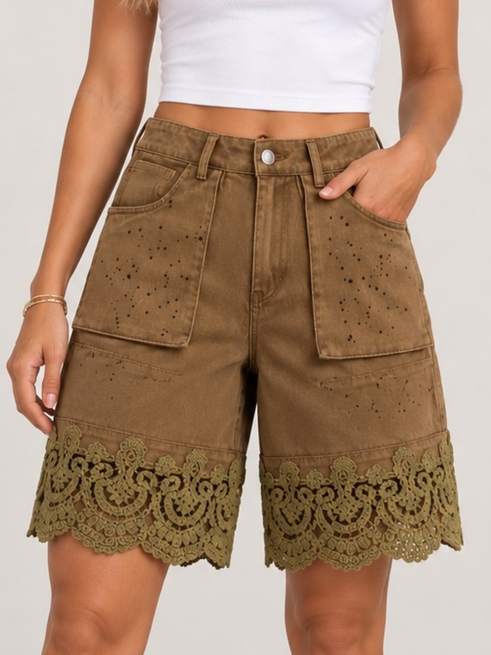 059. New Olive Crochet-Hem High-Waist Women’s Shorts